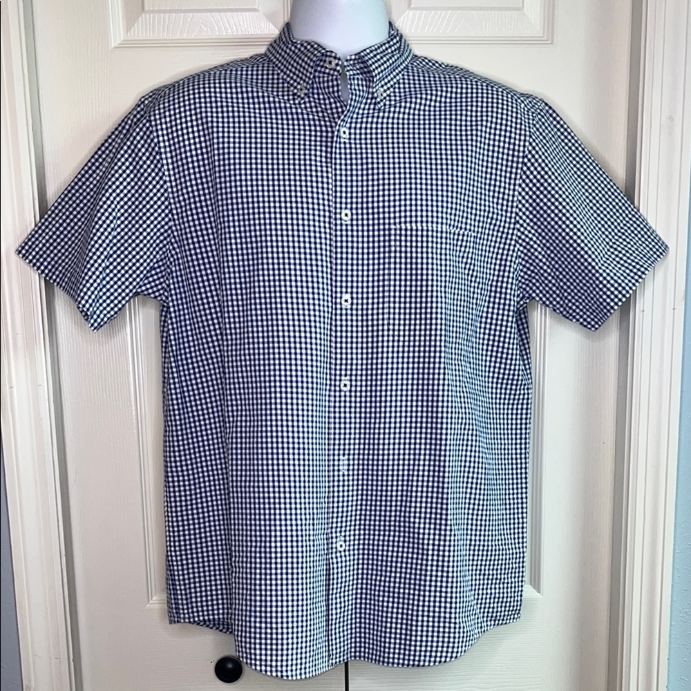 3 for $20 Roundtree & Yorke Gingham Short Sleeve Button Down Blue White Shirt M